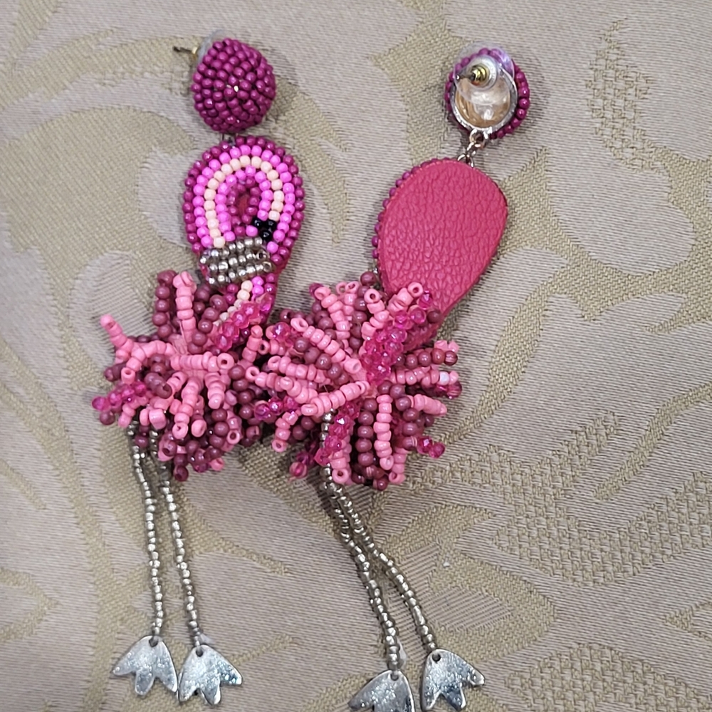 Pink Flamingo Tropical Seed Bead Earrings With Dangly Legs *3/$30 Sale* - Picture 3 of 3